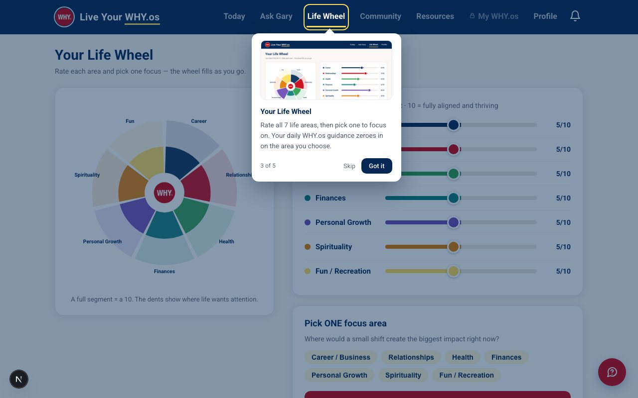 Inside the app after onboarding: the Life Wheel with seven life areas and a focus area picker