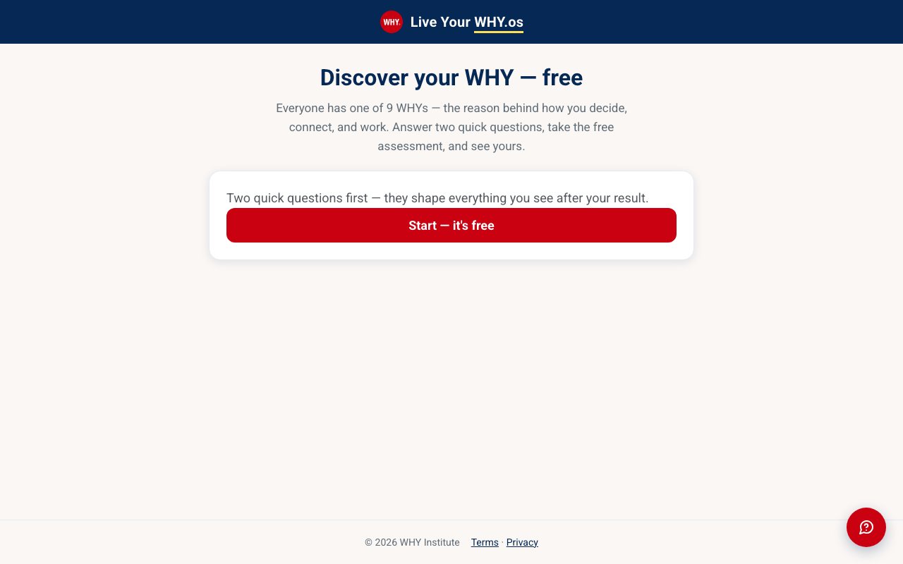 The /discover landing page: “Discover your WHY — free” with a single Start button