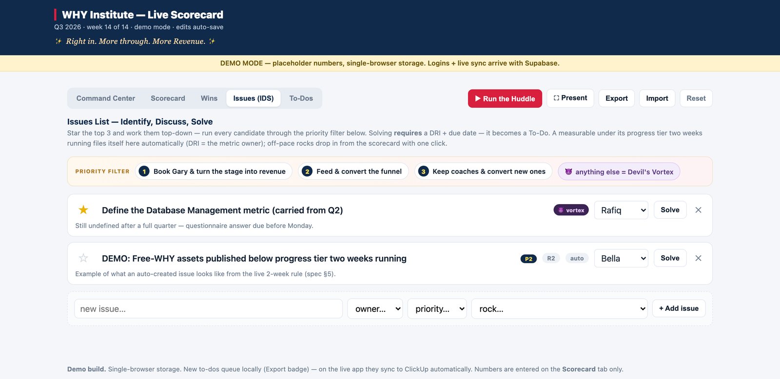 The Issues tab: a priority filter tied to the quarter’s three priorities, issues with an owner and a Solve button, and a row to add a new issue