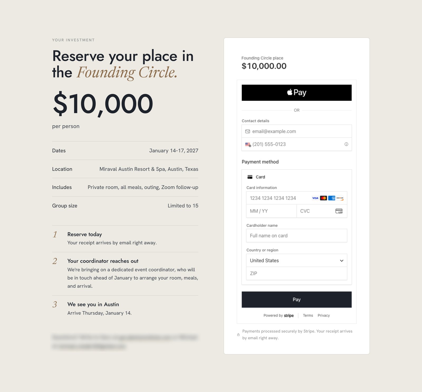 The approved-guest reservation section: the $10,000 price, dates, venue, inclusions, and next steps on the left, and an embedded Stripe checkout with Apple Pay and card fields on the right