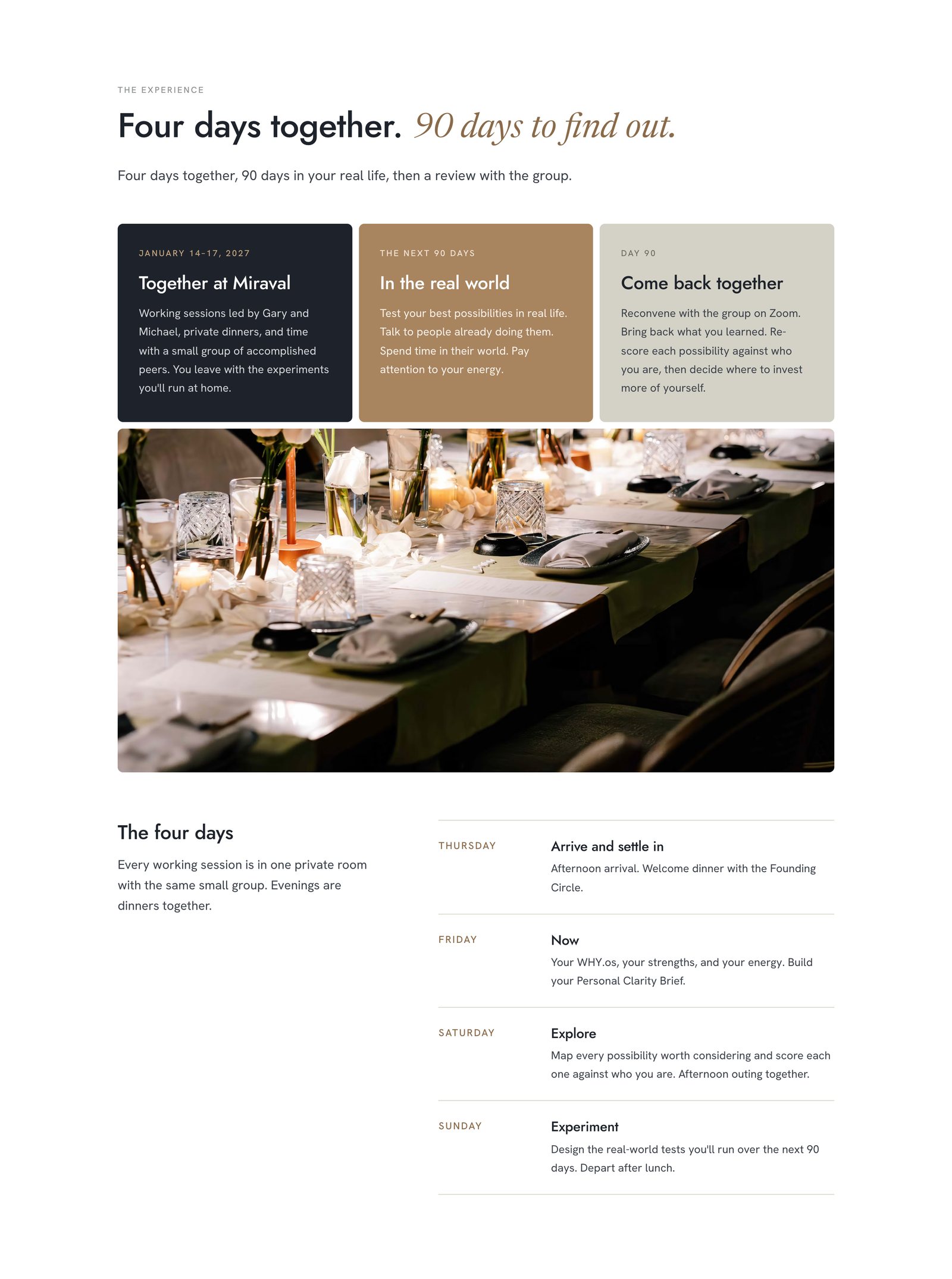 'Four days together. 90 days to find out.' with three cards for Miraval, the real world, and the reconvene, a candlelit dinner table photo, and a day-by-day schedule