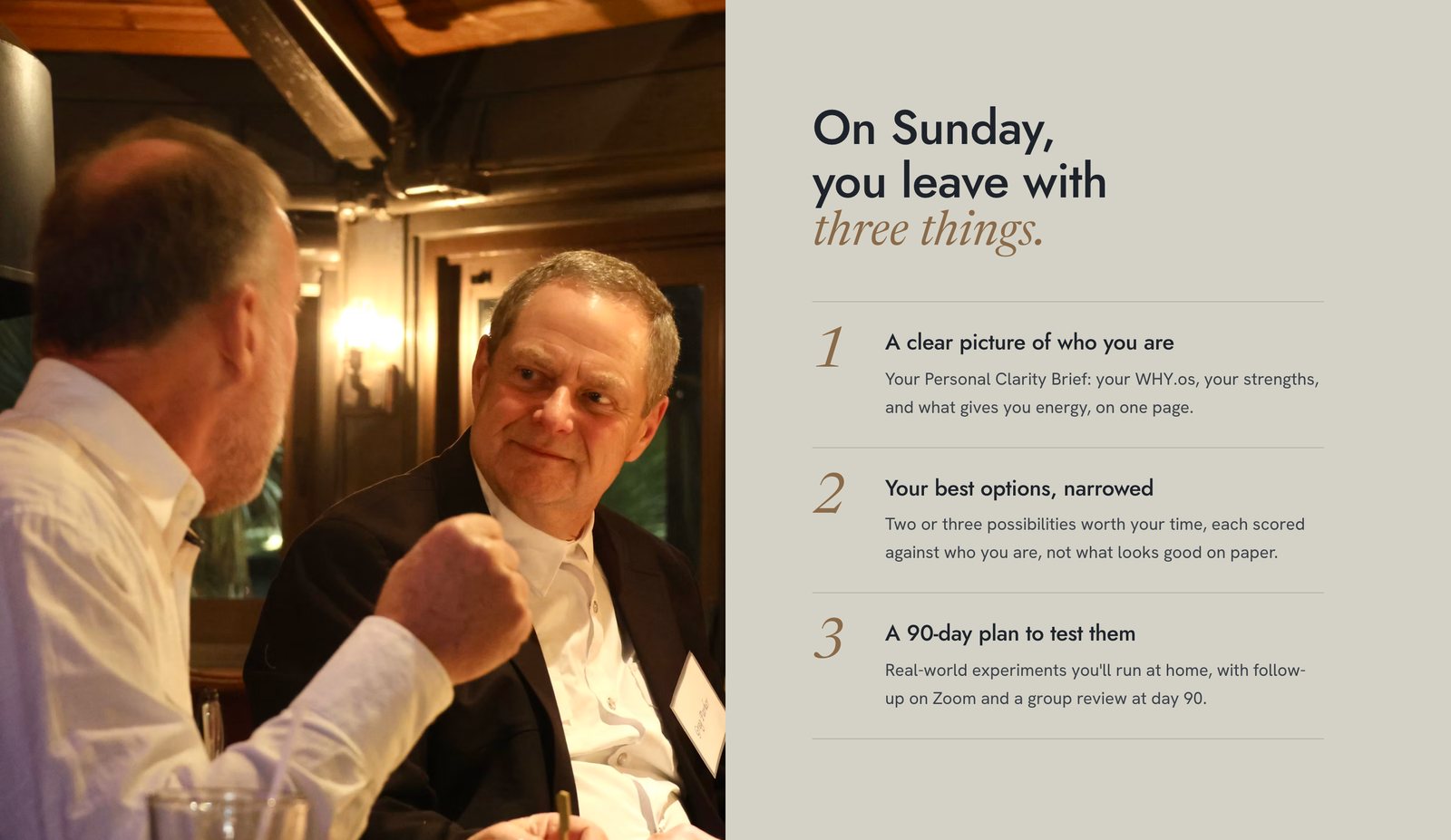 'On Sunday, you leave with three things' next to a warm photo of two men talking over dinner