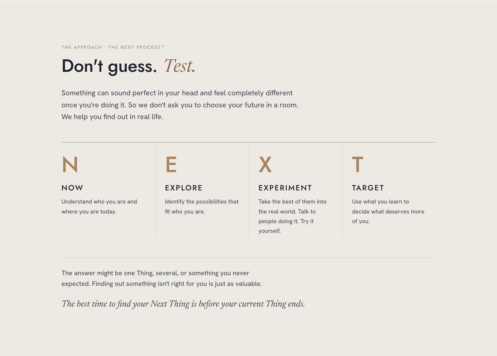 The NEXT process shown as four columns: Now, Explore, Experiment, Target, each with one plain sentence