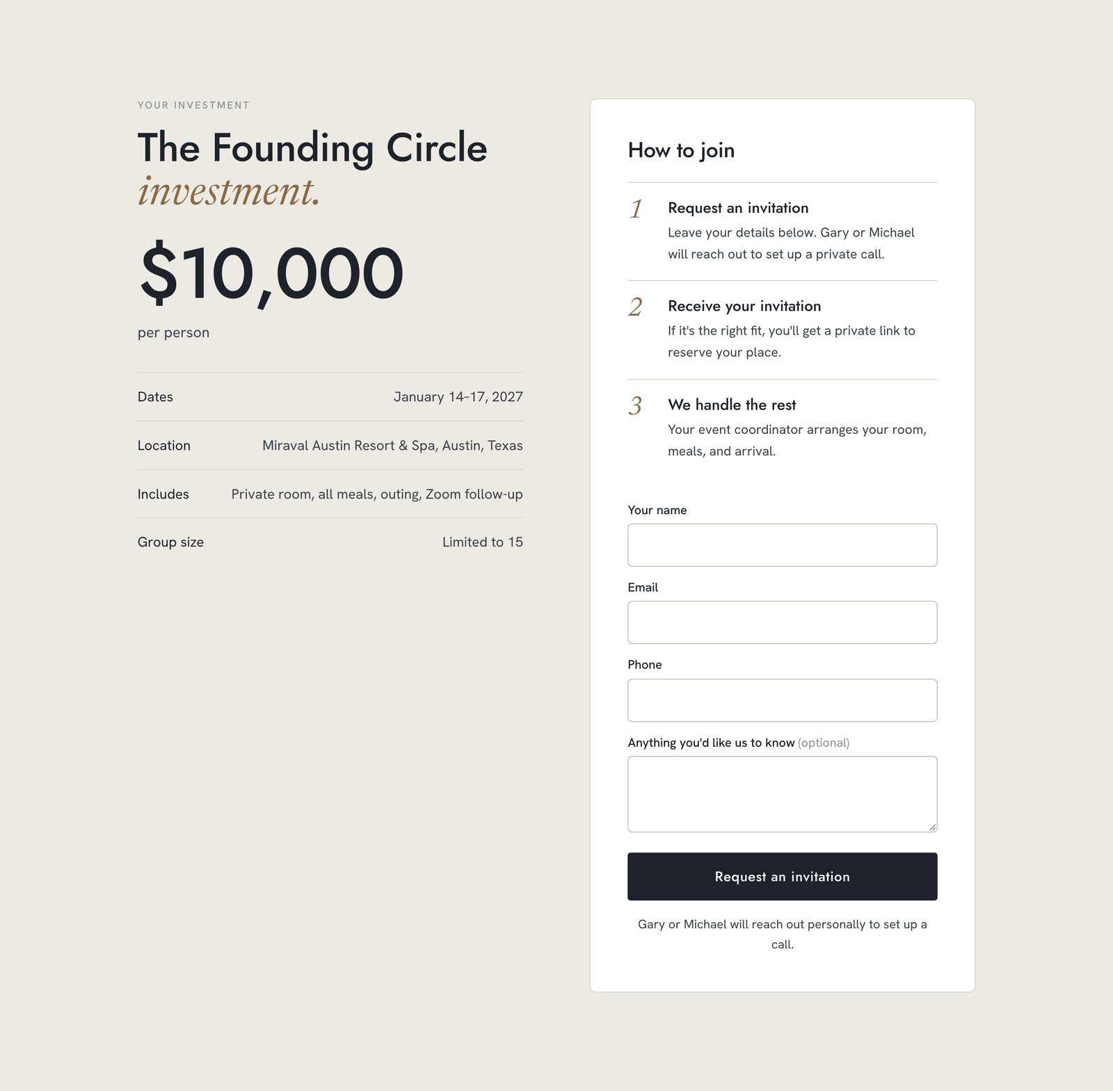The public 'How to join' section: the $10,000 investment with dates, venue, inclusions, and group size, beside a three-step process and a request form